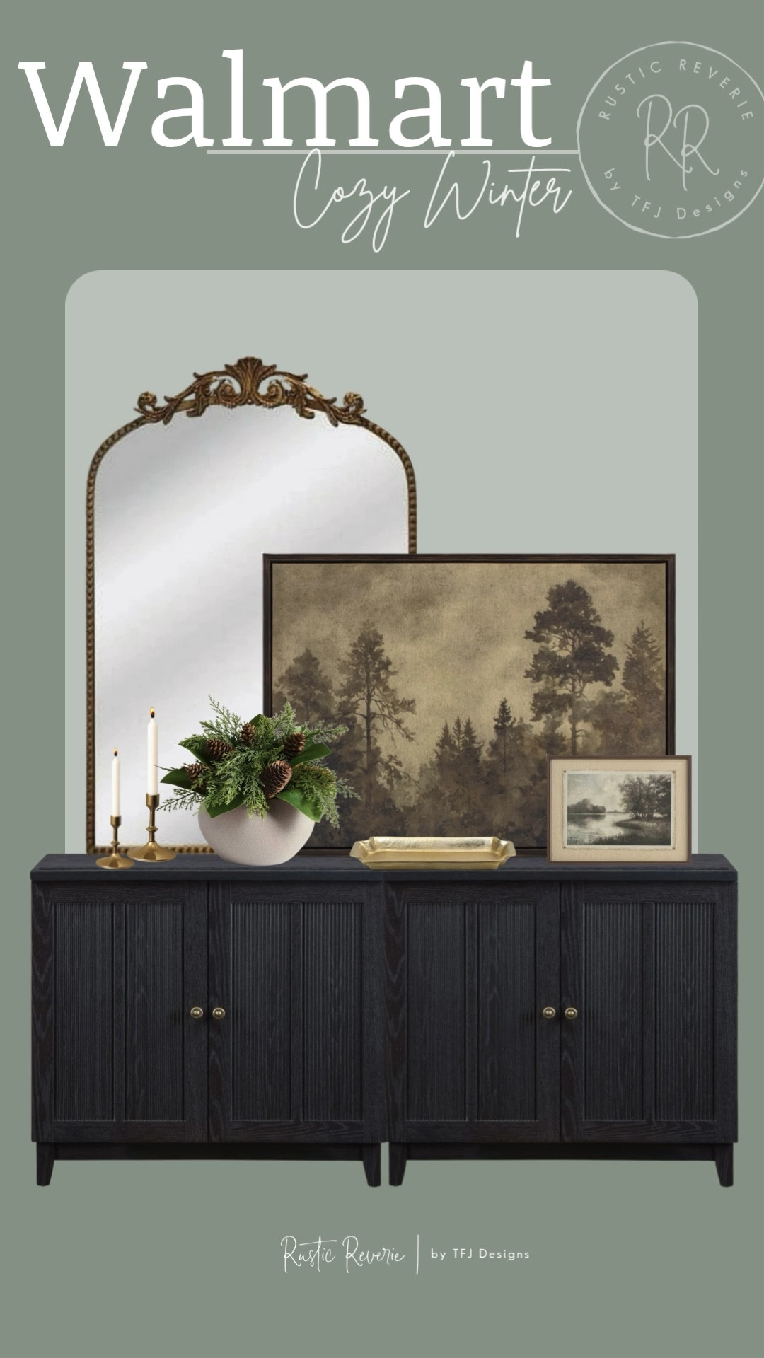 An elevated winter entryway table or sideboard with subtle holiday vibes. 📯 ralph lauren walmart affordable budget friendly vintage style wall art gold ornate mirror greenery candle sticks brass black cabinet french country transitional curated home decor foyer entry dining room 

#LTKHome #LTKHoliday #LTKFindsUnder50