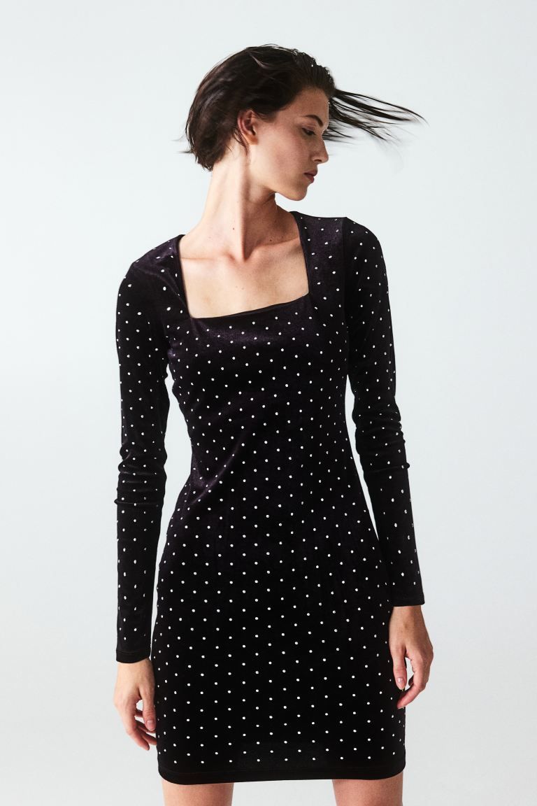 Square-neck Bodycon Dress - Black/studs - Ladies | H&M US | H&M (US)