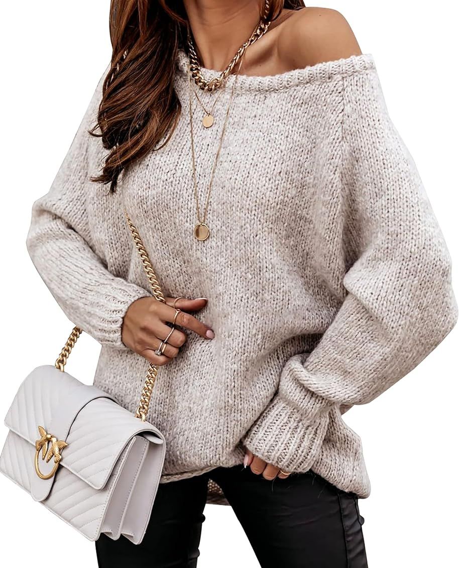 BTFBM Women Casual Long Sleeve Sweaters Crew Neck Solid Color Soft Ribbed Knitted Oversized Pullover | Amazon (US)