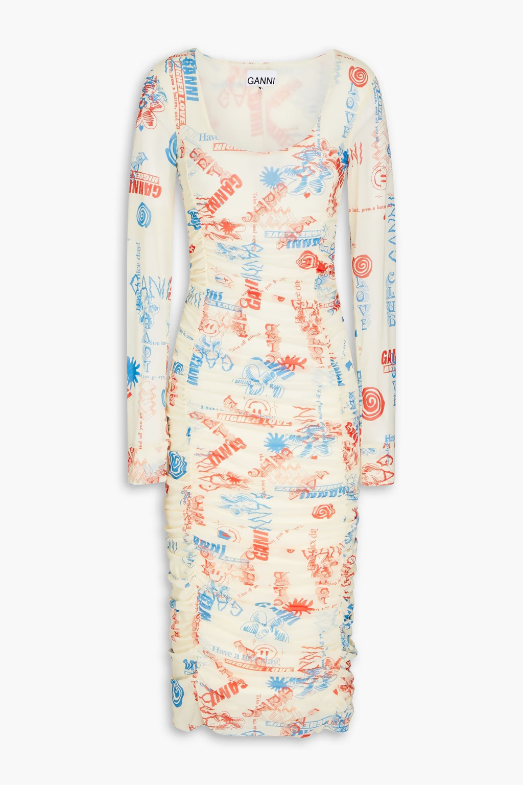 Ruched printed stretch-mesh midi dress | The Outnet (US and CA)