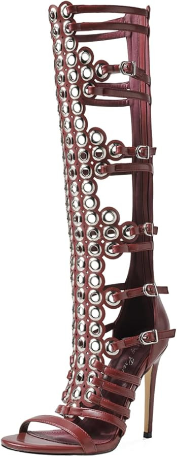 Women's 4.3IN Hollow Open Toe Knee High Boots Metal Buckle Stiletto Heels Nightclub Party Wedding... | Amazon (US)