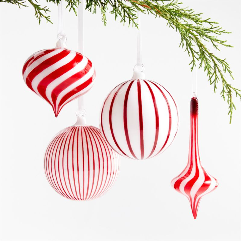 Hand-Blown Hand-Painted Red and White Striped Glass Christmas Tree Ornaments, Set of 4 + Reviews ... | Crate & Barrel