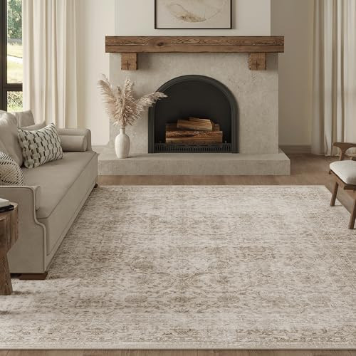 FMFUNCTEX 8x10 Washable Area Rug Beige Vintage Neutral Distressed Large Non Slip Carpet for Living Room Bedroom Soft Low Pile Indoor Mat Retro Floral Throw Rug for Dining Room Kitchen Office Nursery | Amazon (US)