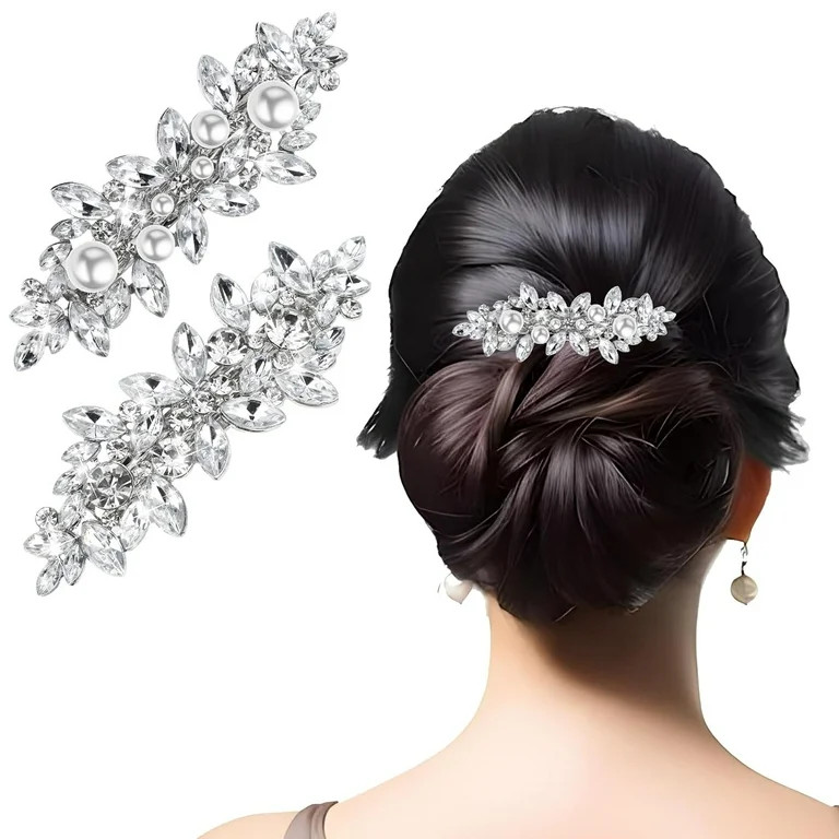 2 Pieces Rhinestone Hair Barrettes Sparkly Wedding Flower Clips For Women Silver Diamond Hairpins... | Walmart (US)