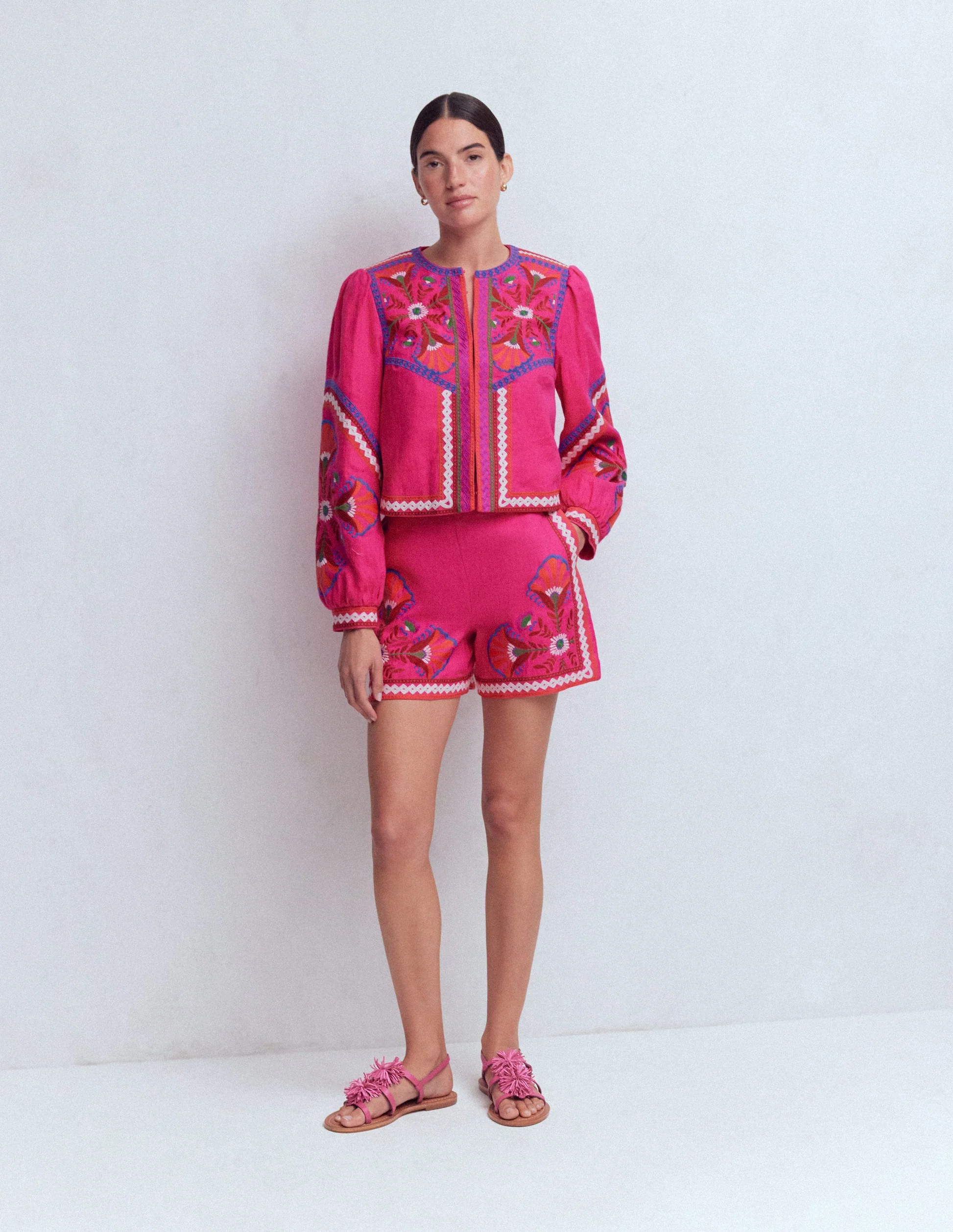 Embroidered Linen Shorts-Pink Peony, Embroidered | Boden (US)