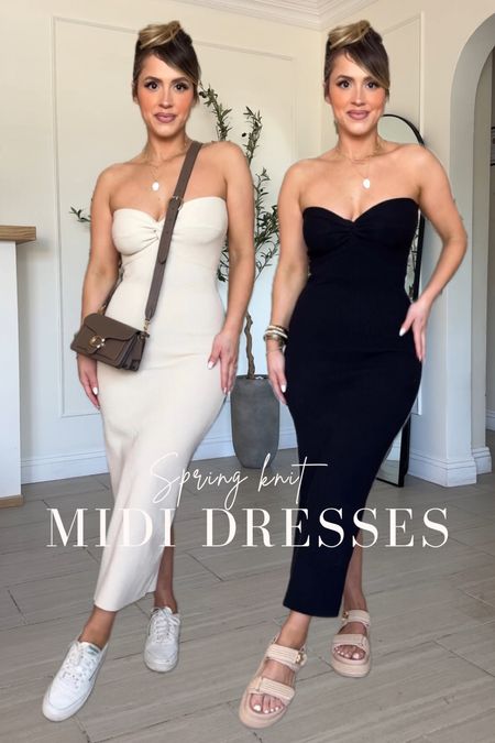 Spring must-have MIDI DRESSES from Amazon 🙌🏼 I think true like $20 ☺️

◾️ wearing SMALL in both colors (BLACK & APRICOT)
◾️I'm sorry but the cropped cardigan is discontinued from Revolve. 
◾️ button up is a medium
◾️IF you are full of chested, you're definitely gonna want the strapless bra I have linked here for you. 
◾️ Also, if you're a little fuller figured, I highly recommend you wear a longer/higher shape wear short that reaches right under your boobs for maximum comfort and support with this dress. I have one of my favorites link for you! 
◾️omg the Steve Madden sandals are beyond comfy (a little heavy but not a deal breaker). 

#LTKfindsunder50 #LTKSeasonal #LTKU
