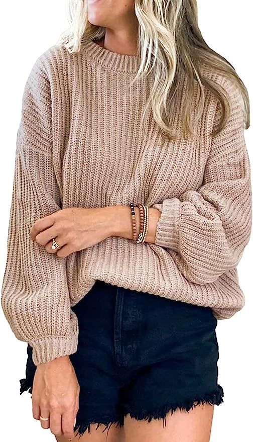 PRETTYGARDEN Women's Crew Neck Loose Drop Shoulder Lantern Sleeve Casual Solid Color Knit Pullove... | Amazon (US)