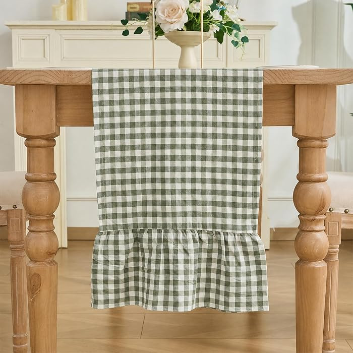 Sage Green Gingham Plaid Ruffle Table Runner 90 Inches Long, 100% Washed Cotton Double Layer Farm... | Amazon (US)
