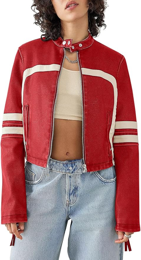 Saodimallsu Womens Faux Leather Jackets Cropped Racer Moto Biker Coats | Crop,Zip Up,Stand Collar... | Amazon (US)