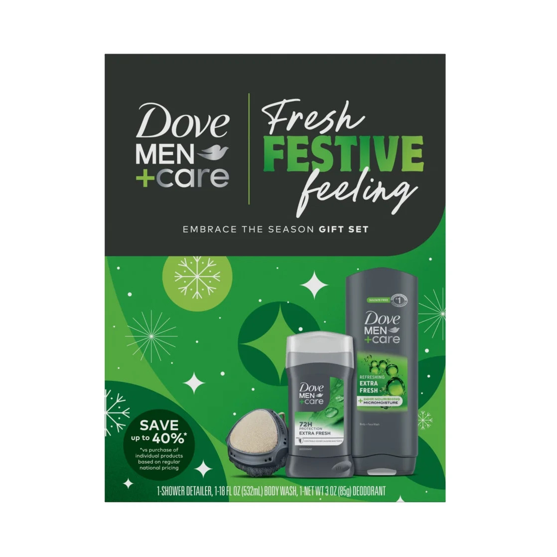 Dove Men+Care Holiday Gift Set: Extra Fresh Body & Face Wash, Deodorant Stick, Shower Tool | Walmart (US)