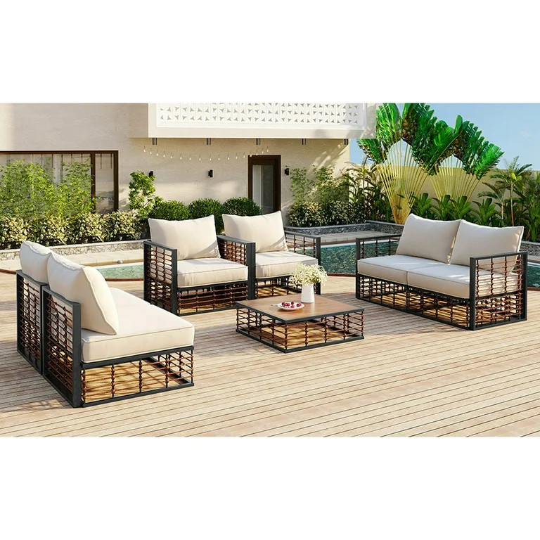 Metal Frame with Rattan Aesthetic - Free-Form Sofa Combination - Backyard Entertainment - Soft an... | Walmart (US)