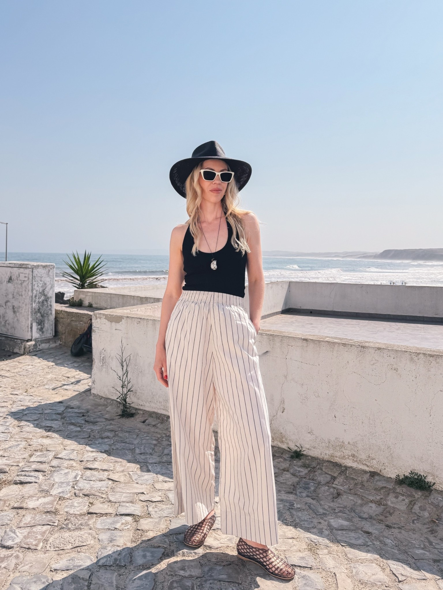 Beach vacation outfit, halter tank, striped cropped pants, jelly shoes, @Janessa Leone straw hat, seashell necklace, travel outfit

#LTKTravel #LTKSeasonal #LTKSaleAlert