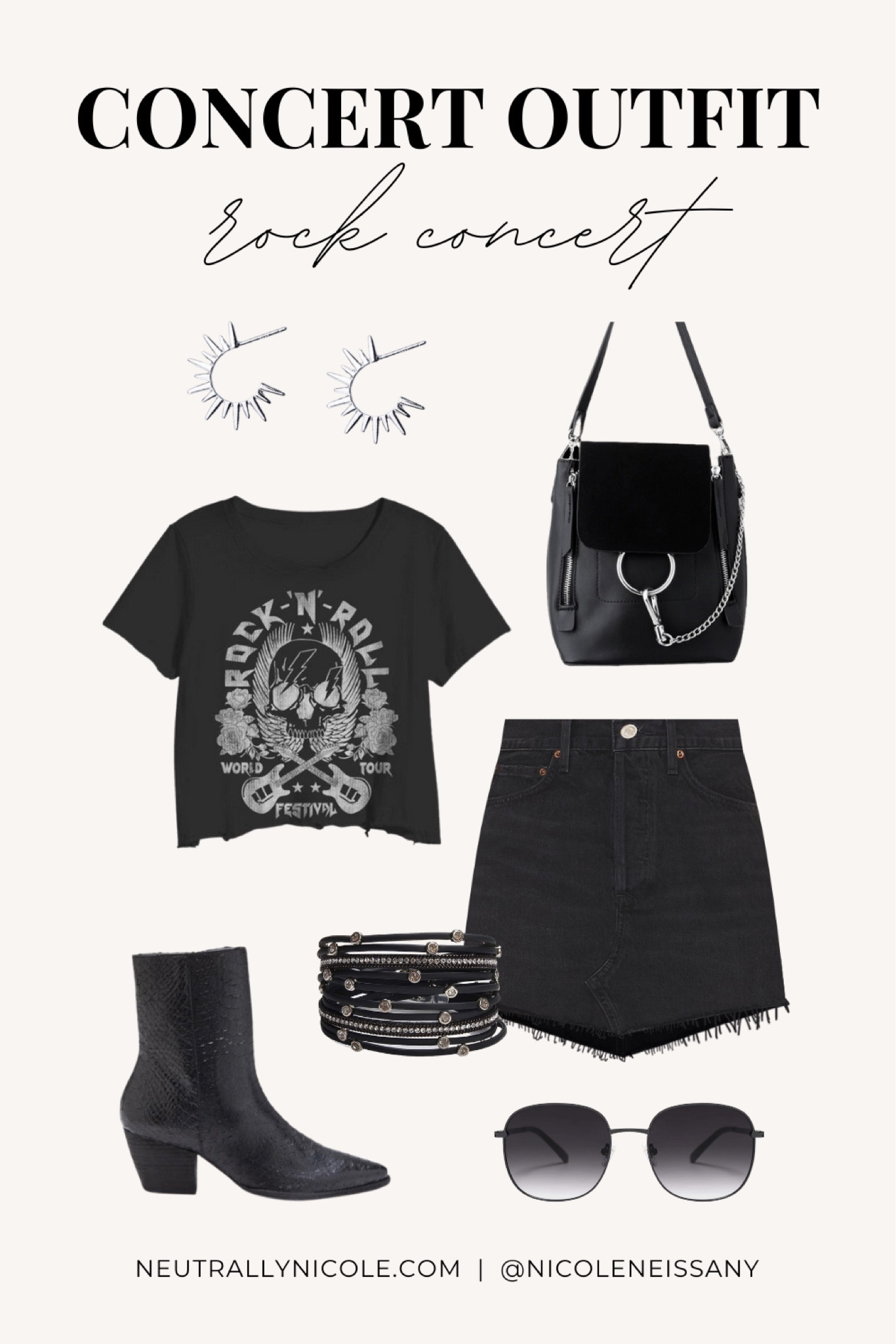 Rock concert outfit - Rock and roll crop top, black denim mini skirt, ankle boots, chain handbag, spiked earrings, leather bracelet stack, black gradient sunglasses

// concert outfits, rock concert outfits, black outfit, festival outfit, festival fashion, Coachella, boho, indie outfit, neutral style, minimalist, silver jewelry, summer outfit, summer outfits, summer fashion, Lulus, Revolve, Matisse, Amazon fashion, Amazon finds

#liketkit 

#LTKSeasonal #LTKFind #LTKitbag #LTKshoecrush #LTKstyletip #LTKunder50 #LTKunder100