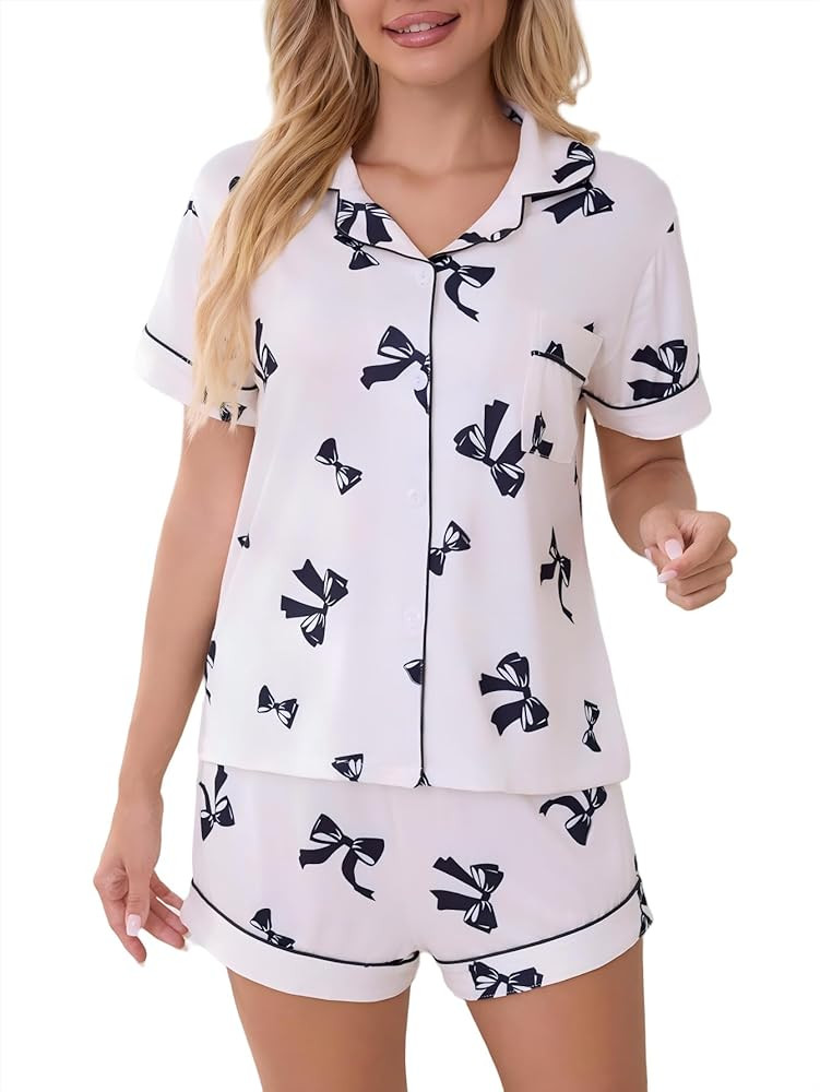 Cute Pj Bow Pajamas Sets for Women 2 Piece Button Up Short Sleeve Nightwear Lounge Sleepwear | Amazon (US)