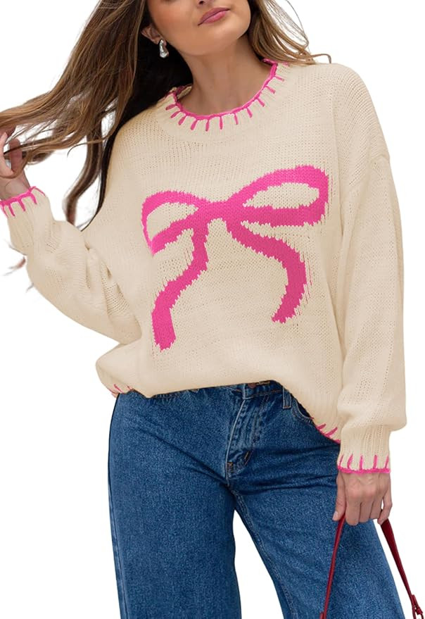 Womens 2025 Fall Sweater Long Sleeve Crewneck Cropped Knit Sweaters Plus Size Cute Bow Pullover T... | Amazon (US)