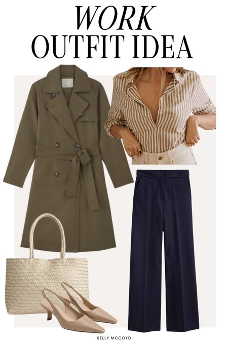Spring work outfit idea: olive trench coat, Sezane striped linen shirt, navy trousers, woven tote bag, tan Sam Edelman slingbacks

Wearing trench by Sezane but also linked the Everlane in the flatlay.

Office outfit, office style #LTKworkwear #LTKstyletip

#LTKSeasonal