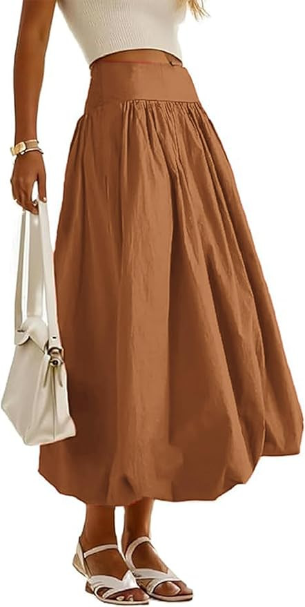 Women's Bubble Long Skirt Elastic Waist A-Line Pleated Ruffle Flowy Balloon Maxi Skirts with Pock... | Amazon (US)