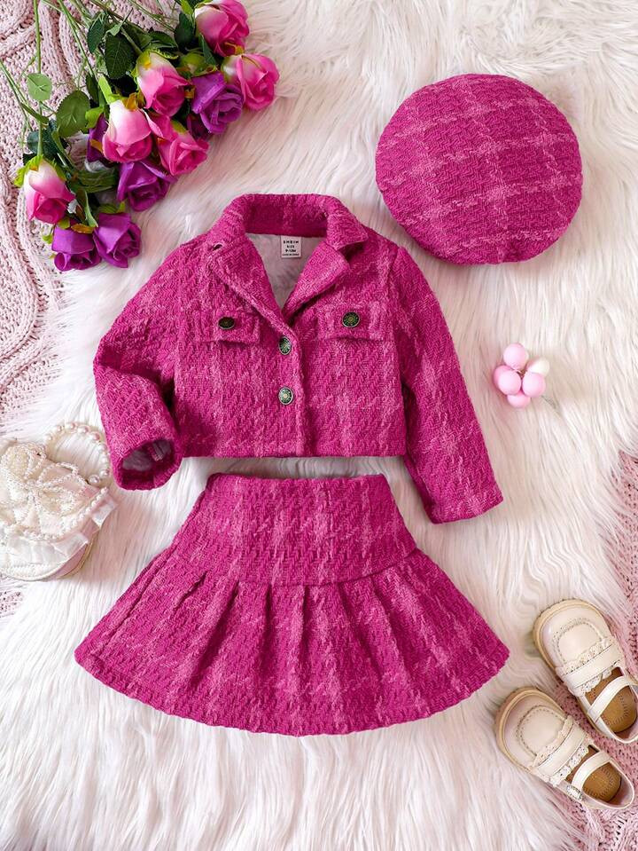 Baby Girl Flap Detail Jacket & Pleated Skirt & Hat | SHEIN