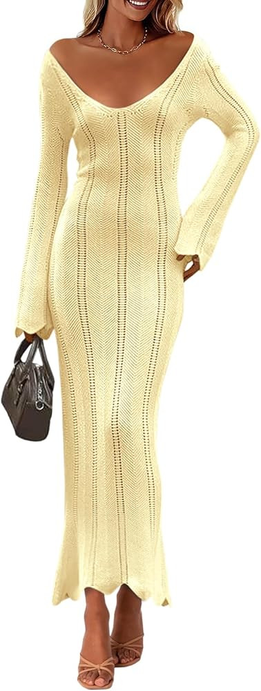 Saodimallsu Womens Crochet Maxi Dress Bell Long Sleeve Sexy V Neck Bodycon Backless Knit Dresses ... | Amazon (US)