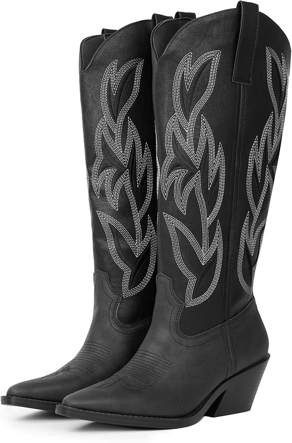 Hawkwell Cowgirl Boots Women Knee High Boots Snip Toe and Block Heel Cowboy Faux Leather Western ... | Amazon (US)