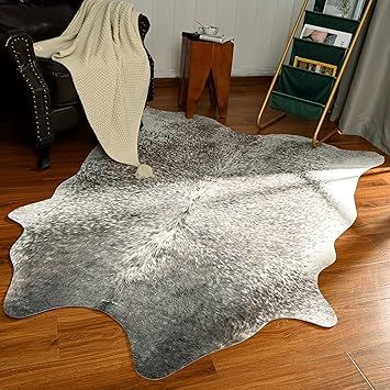 Rtizon Faux Cowhide Rug for Living Room, 5.2 x 6.2 Feet Grey, Cow Print Skins Rug for Bedroom, Du... | Amazon (US)