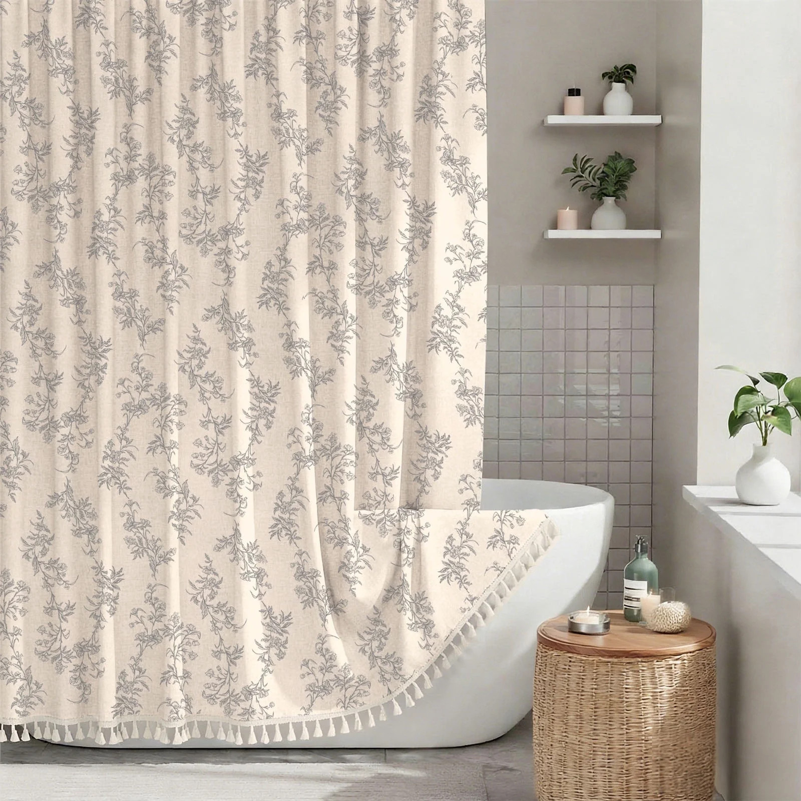 Sanmadrola Gray Shower Curtain Floral Plant Shower Curtain Set with Tassels, Heavy Duty Faux Cott... | Walmart (US)