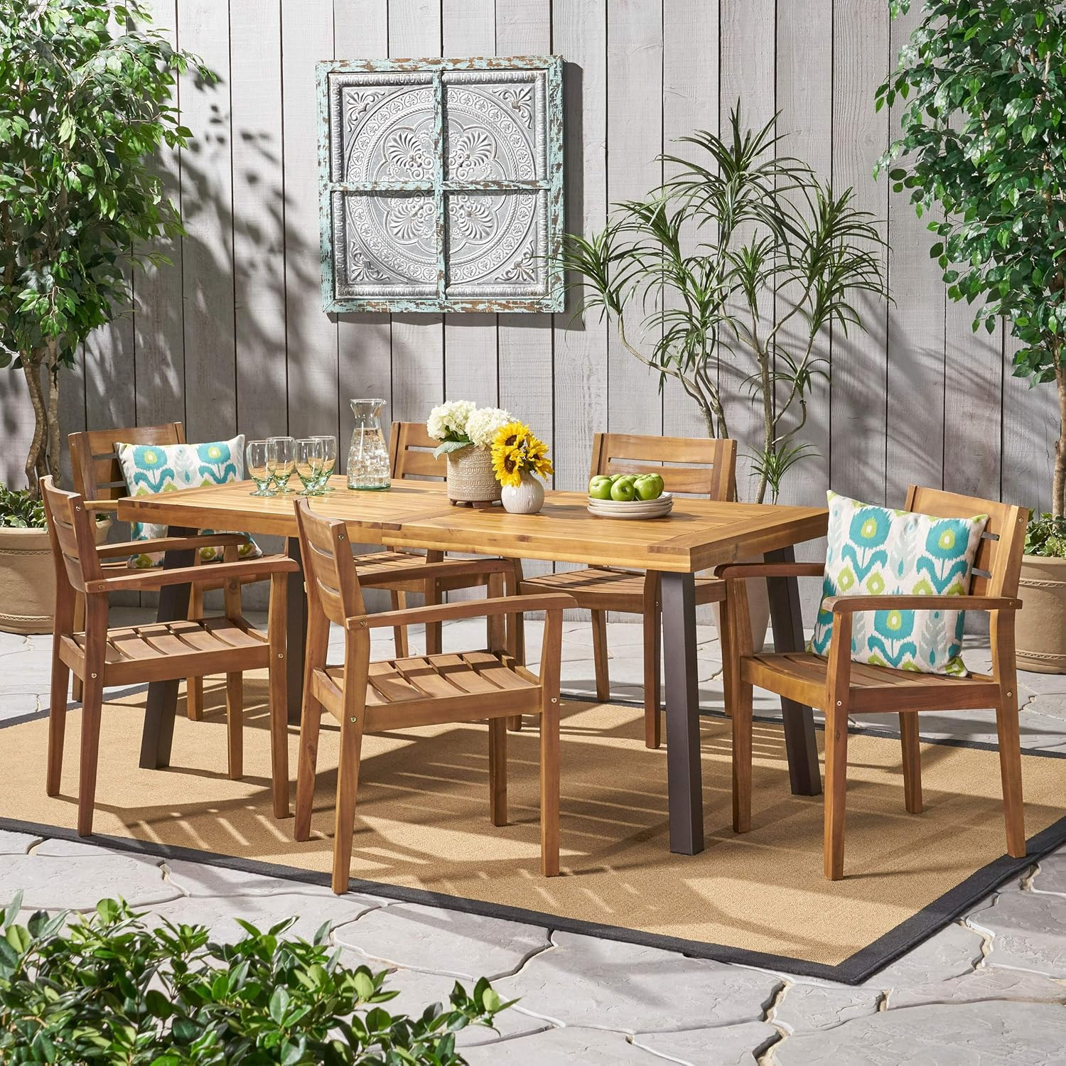 Christopher Knight Home Avon Outdoor Acacia Wood Dining Set, 7-Pcs Set, Teak Finish With Rustic M... | Amazon (US)