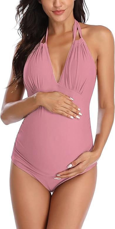 EastElegant Maternity Swimsuits One Piece V-Neck Pregnancy Swimwear Halter Maternity Bikini | Amazon (US)