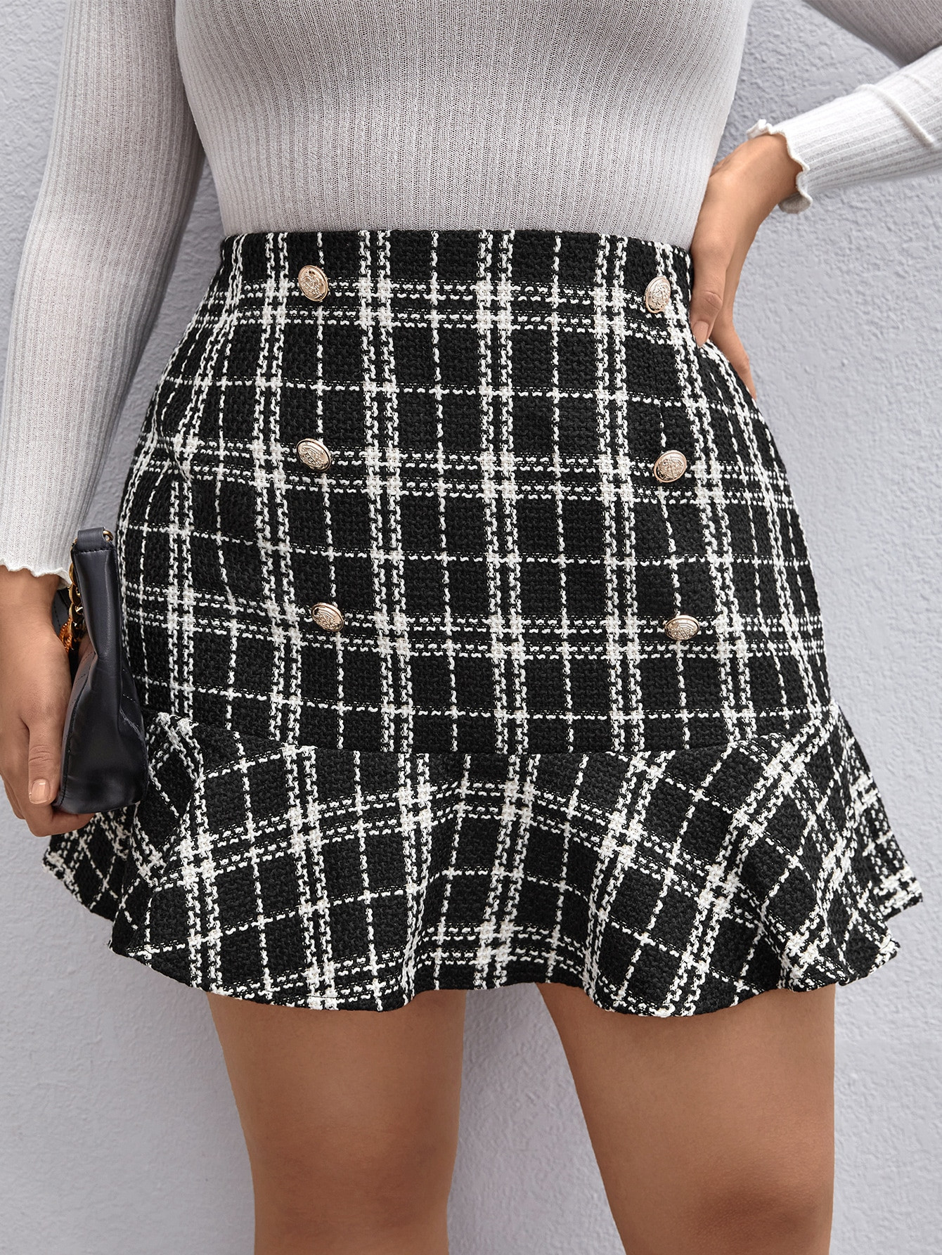 SHEIN Privé Plus Plaid Fake Button Ruffle Hem Tweed Skirt | SHEIN