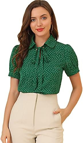 Allegra K Women's Bow Tie Neck Peter Pan Collar Cute Shirt 1950s Retro Polka Dots Chiffon Blouse | Amazon (US)