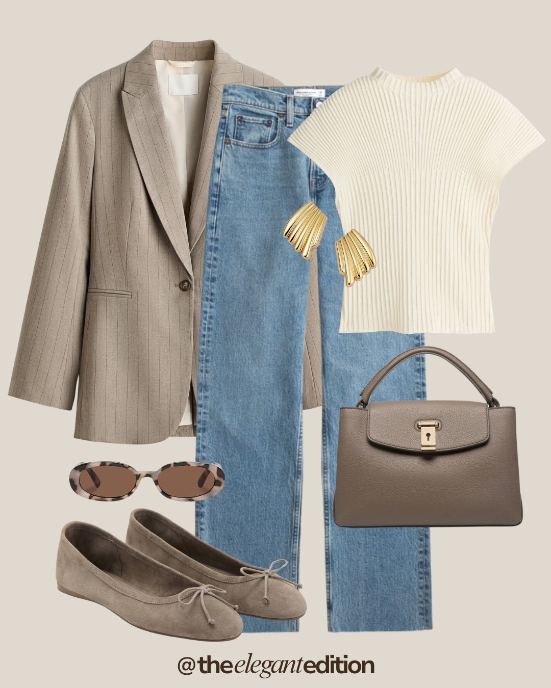 Pinstripe Blazer Spring Outfit 🤍🤎
Tags: light blue denim straight leg taupe pinstripe blazer oversized cream knit tee short sleeve ribbed taupe grey ballet flats bow detail taupe leather handbag structured top handle gold hardware sunglasses tortoise oval gold earrings fan shaped spring transitional casual chic timeless elegant
#LTKspring #LTKstyletip #LTKeurope

#LTKstyletip #LTKspring #LTKeurope