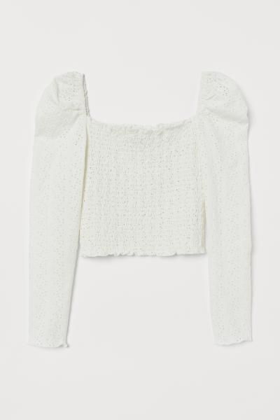 Smocked Top with Embroidery - Cream - Ladies | H&M US | H&M (US + CA)