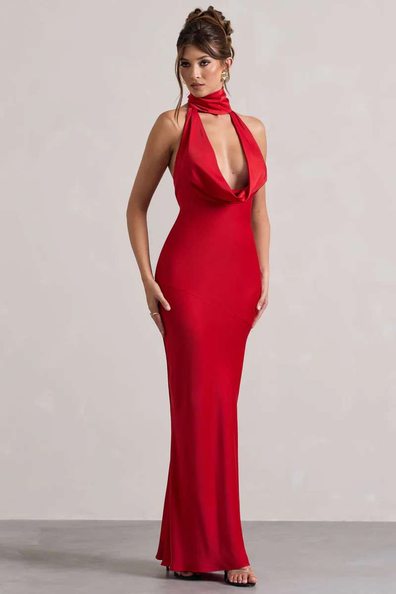 Matea  Red Satin Cowl-Neck Maxi Dress | Club L London