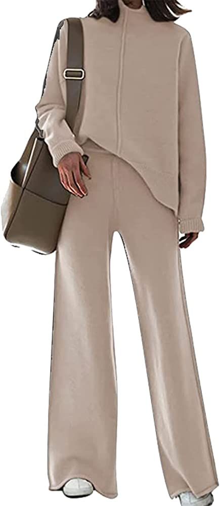 Women's 2 Piece Set Long Sleeve Knit High Neck Pullover Sweater Top and Wide Leg Pants Sweatsuit | Amazon (US)