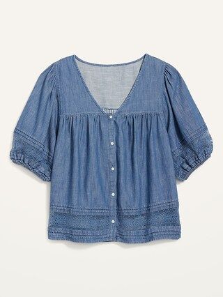 Puff-Sleeve Oversized Lace-Trimmed Chambray Swing Blouse for Women | Old Navy (US)