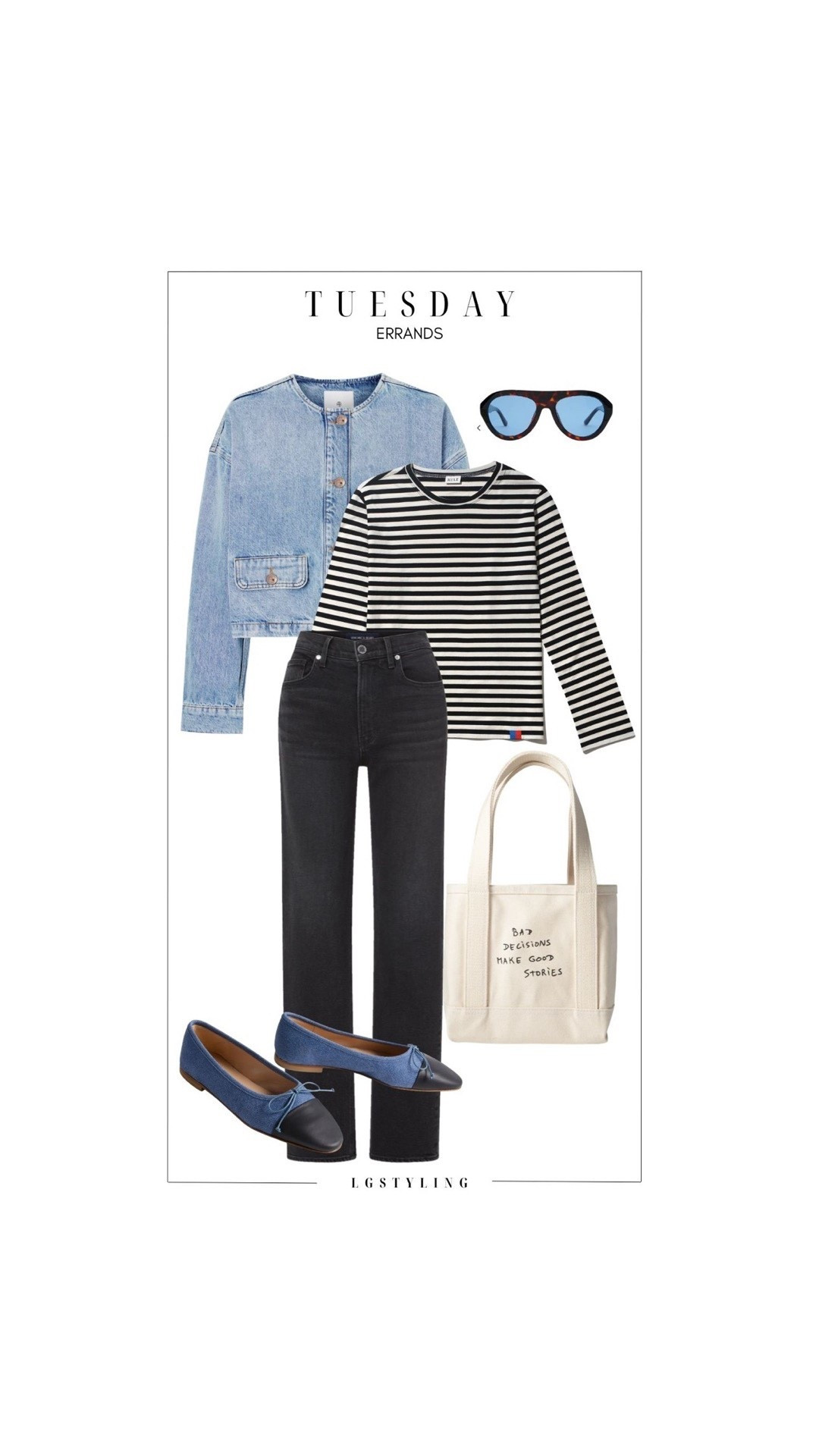 TUESDAY – Errands
An elevated everyday outfit for running errands while still looking pulled together. A classic striped tee layered under a cropped denim jacket keeps things timeless, while straight-leg black denim and cap-toe ballet flats give the look that effortless French-girl feel. A canvas tote and oversized sunglasses make it the perfect off-duty uniform.

Proof that casual outfits can still feel styled.

#LTKCasualStyle #LTKWeekendStyle #FrenchGirlStyle #StripedShirt #DenimJacketStyle #EverydayOutfit #CasualChic #LTKSpringStyle #BalletFlats #ErrandsOutfit


#LTKootd #LTKgrwm