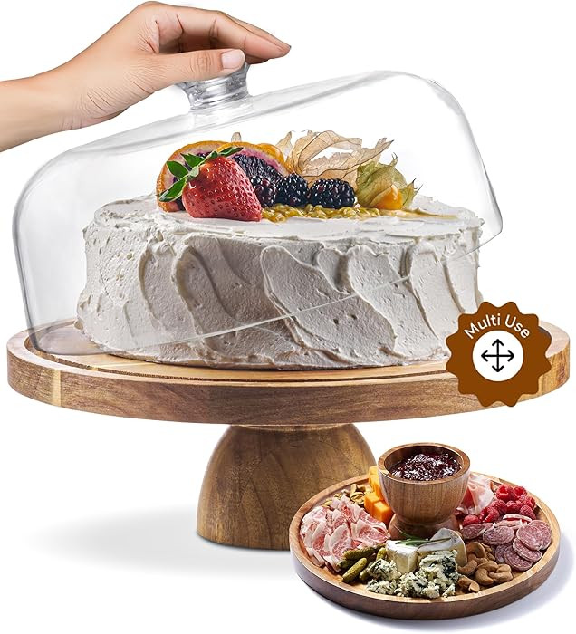 Acacia Wood Cake Stand with Lid - Cake Stand with Dome,12in Round Cake Holder, 2-in-1 Dessert Tab... | Amazon (US)