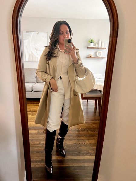 Rainy day Spring Outfit

Trench coat outfit idea, cream outfit idea, brown knee high boots

#LTKmidsize #LTKfindsunder100 #LTKfindsunder50