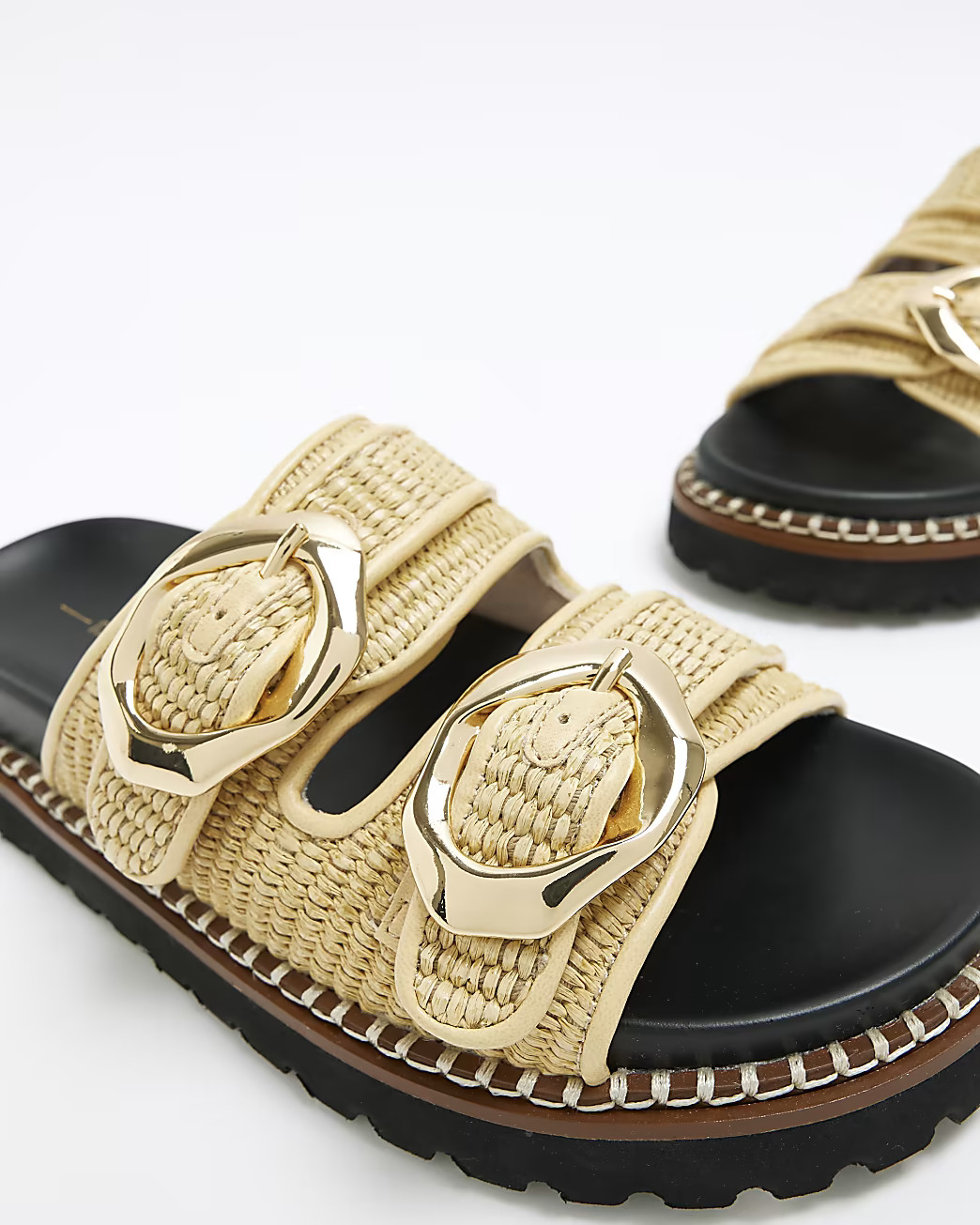 Cream raffia double buckle sandals | River Island (US)