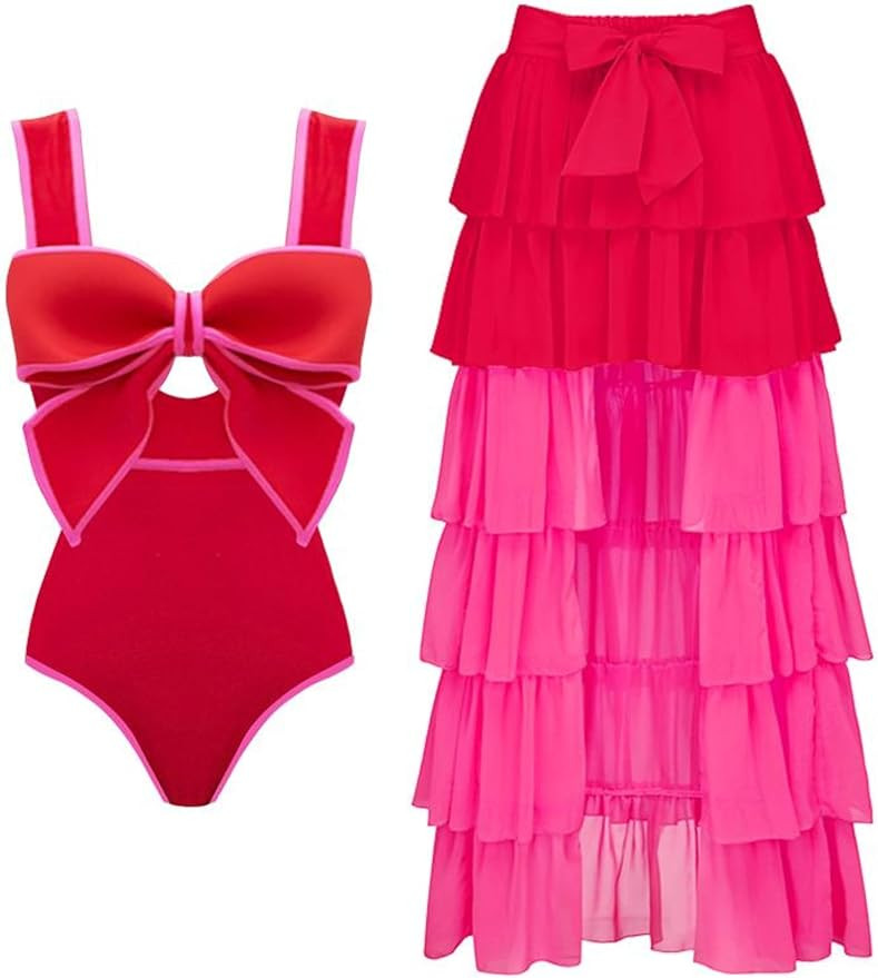 FLAXMAKER Bow Front Cut Out Color Block One Piece Swimsuit and Skirt | Amazon (US)
