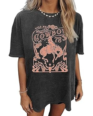 Wild West Cowboy T Shirt Women Vintage Rodeo Shirts Cowboy Graphic Tee Oversized Country Music Sh... | Amazon (US)