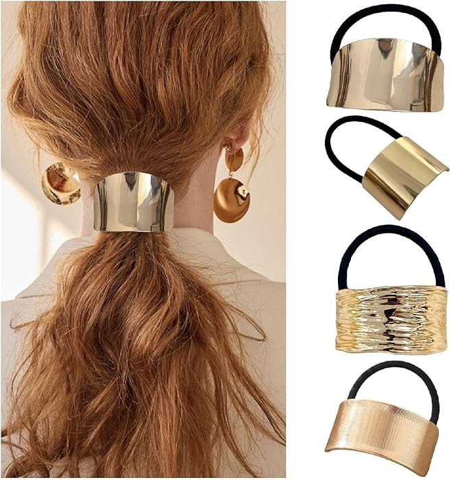 papasgix Metal Hair Ties, Metal Geometric Elastic Hair Ties, Hair Cuff Wrap Gold Hair Ties for Th... | Amazon (US)