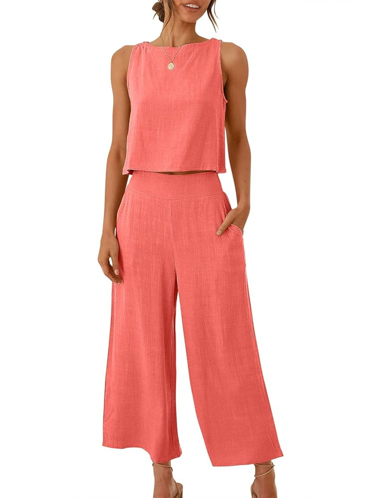 ANRABESS Women's Summer 2 Piece Outfits Sleeveless Crop Top Capri Wide Leg Pants Jumpsuit Linen L... | Amazon (US)