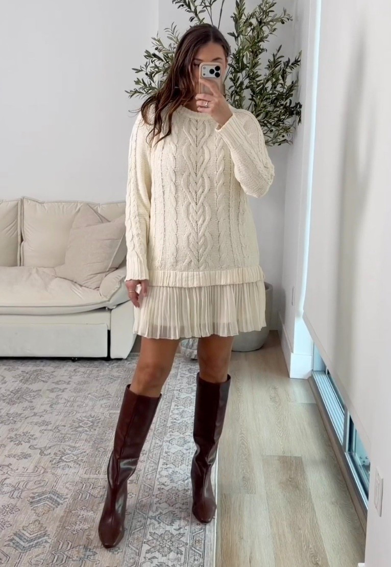 This sweater dress is such a good fall staple. I love the cable knit texture paired with the soft pleated hem—it gives it that elevated, cozy-but-put-together look. Perfect with tall boots for fall days, casual dinners, or errands when you still want to look polished. Easy to layer with a coat and one of those pieces you’ll keep reaching for.

Keywords:
sweater dress, cable knit dress, fall sweater dress, neutral fall outfit, tall boots outfit, cozy fall outfit, fall dress with boots, women’s sweater dress, layered fall look, casual fall style

#LTKSeasonal #LTKgrwm #LTKootd