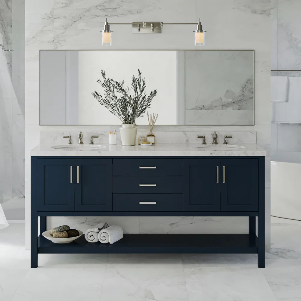 ARIEL Magnolia 73-in Midnight Blue Undermount Double Sink Bathroom Vanity with Carrara White Marble Marble Top | S073DCWOVOMNB | Lowe's
