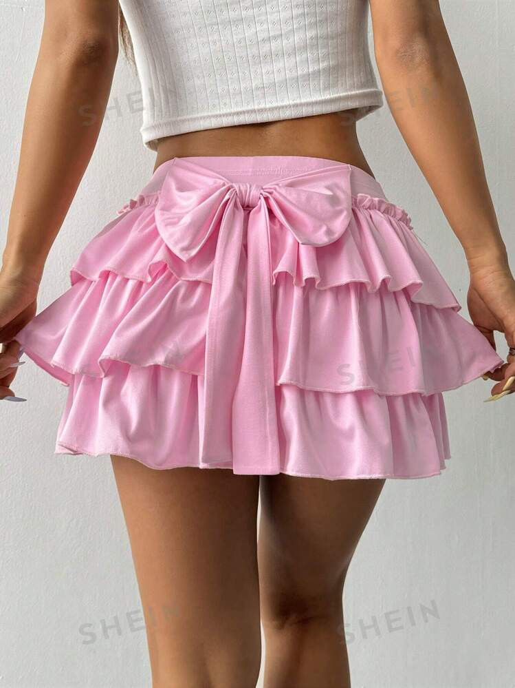 SHEIN SHEIN MOOSTA Women's Fashion Solid Color Bowknot Decorated Ruffle Hem Mini Skirt | SHEIN