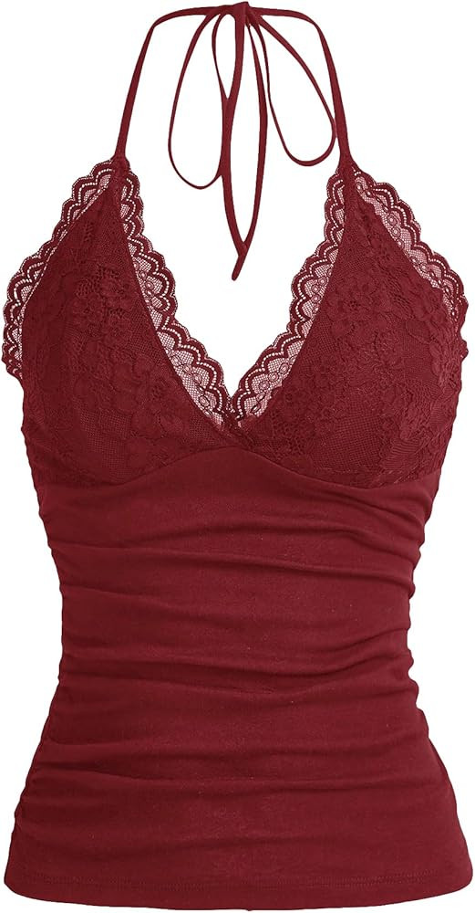 MakeMeChic Women's Halter Top Y2K Lace V Neck Ruched Low Cut Halter Tank Tops Camisole Tops | Amazon (US)