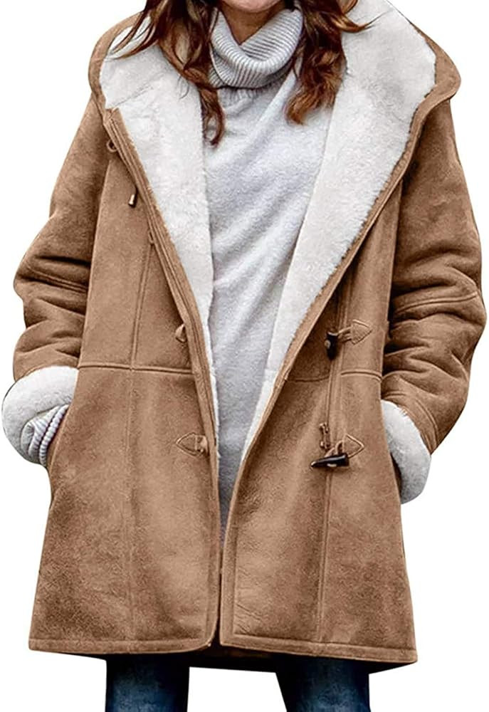 chouyatou Women's Winter Warm Sherpa Lined Suede Leather Longline Coat with Horn Buttons | Amazon (US)
