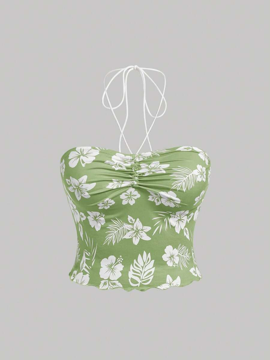 SHEIN MOD Plus Size Women's Vacation Floral Printed Pleated Halter Neck Tie Back Tank Top | SHEIN