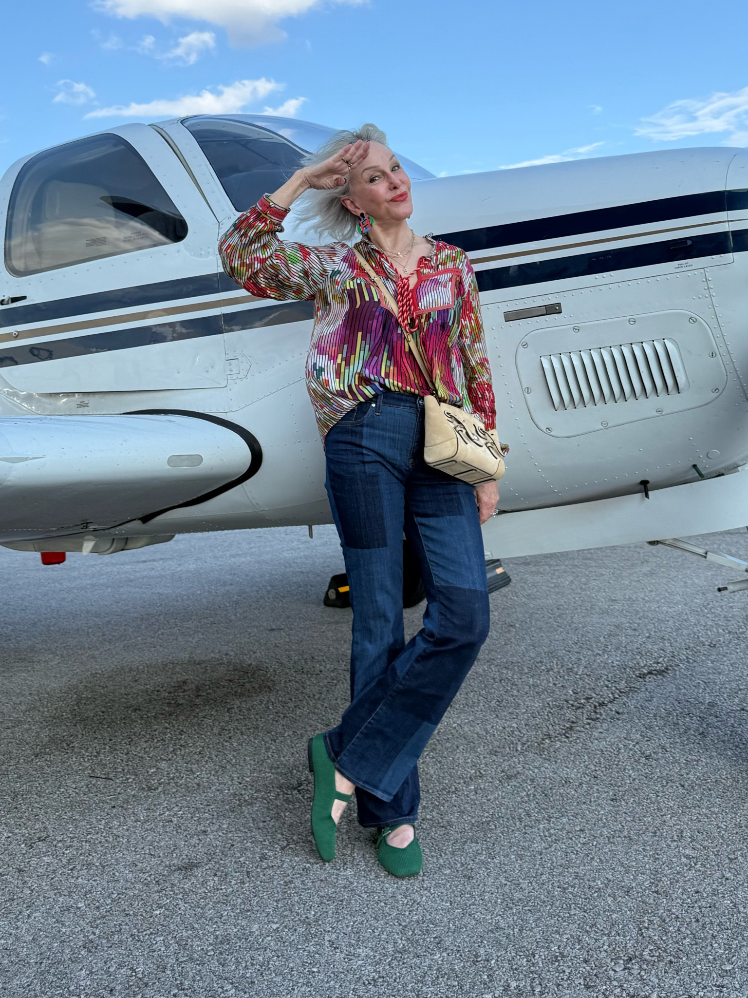 Stripe top by Anthropologie. 
Patchwork flare jean by Chico’s. 
Flat Mary Jane shoes by Vivaia have built in arch support and come in other colors. 
@ralphlauren suede mini crossbody is classicc

#LTKOver40 #LTKStyleTip